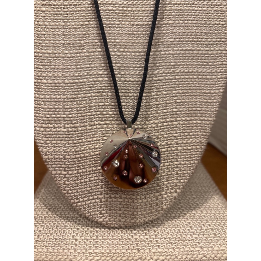Swarovski Crystal Lip Gloss Locket Necklace Silver Tone Pink Stones 34" Cord